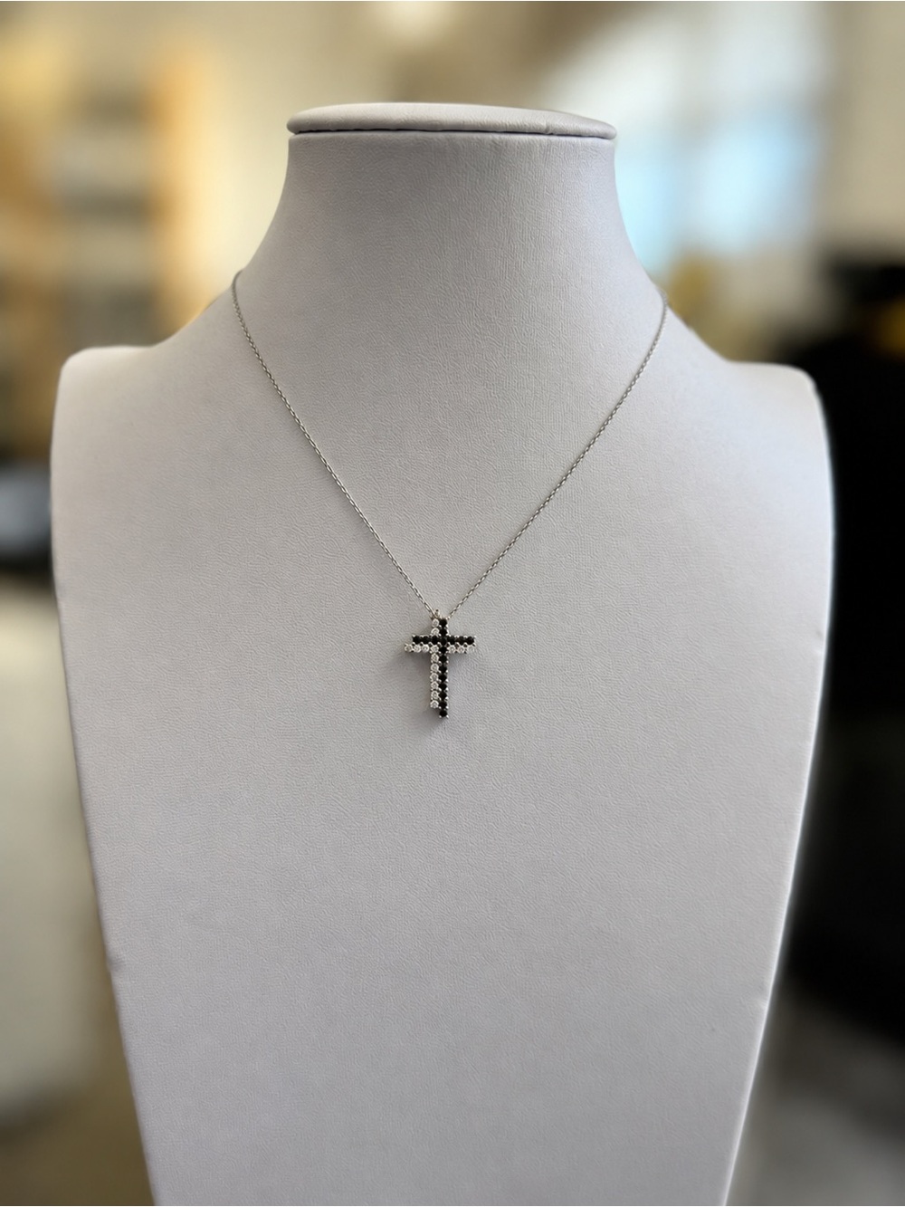 Sterling Silver Black & Clear CZ Cross Necklace